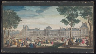 Utsikt over Palais des Tuileries i Paris sett fra Jardin des Tuileries Les promenades du Palais Thuilleries (tittel på objekt) av Jacques Rigaud