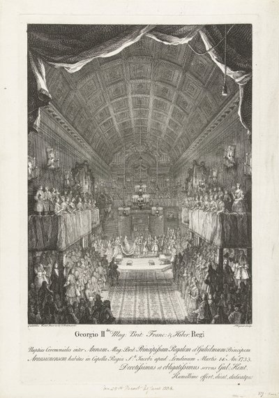 Huwelijk van Willem IV møtte prinsesse Anna, 1734 George II Mag: Brit: Franc: & Hiber. Kongens bryllupsseremoni mellom Anna (...) og William (...) Tirsdag 14.: Ano: 1733 (...) (tittel på objekt) av Jacques Rigaud