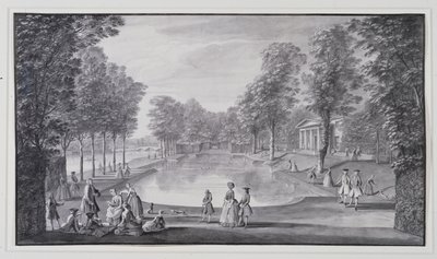 Riverside bassenget, Lord Burlington's Chiswick Villa (penn og blekk med vask på papir) av Jacques Rigaud