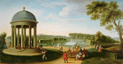 Queen's Theatre fra Rotunda, Stowe House, Bucks, med Lord Cobham og Charles Bridgeman av Jacques Rigaud