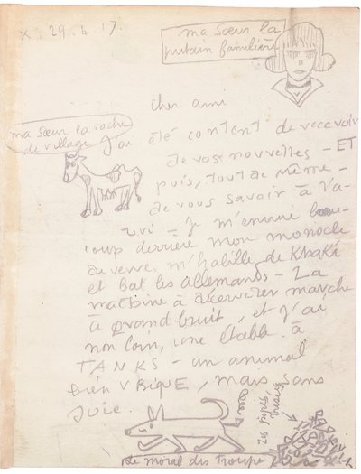 Autografbrev med tegninger av Jacques Vache