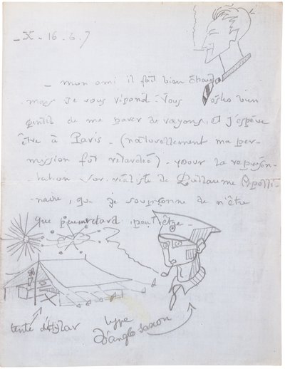 Autografbrev med tegninger av Jacques Vache