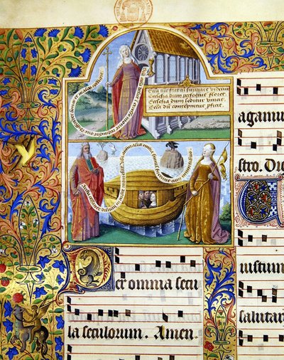Ms 0412 Miniatyrer som viser en allegorisk representasjon av Kirken og under denne Moses holder lovens tavler med Noahs ark og en kvinne med bind for øynene som representerer de 