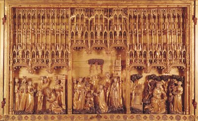 Altertavle av hellige og martyrer, midtpanel halshuggingen av døperen Johannes, martyrskapet til St. Katarina av Alexandria og St. Barbara og fristelsen til St. Antonius, ca. 1391 (forgylt wo av Jacques de Baerze or Baers