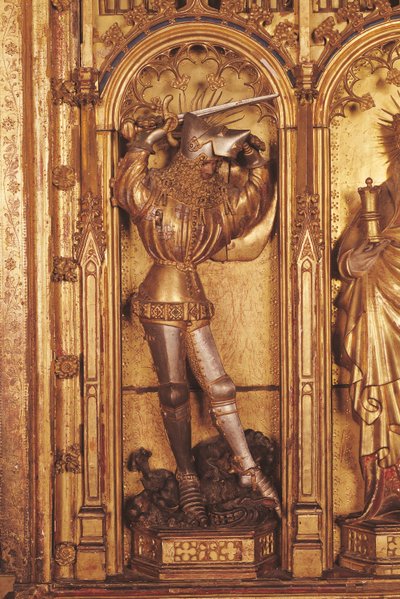Altertavle av korsfestelsen, detalj av St. George fra venstre panel, fra Church of Chartreuse de Champmol, ca. 1391 (forgylt tre) av Jacques de Baerze or Baers