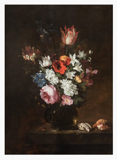 En rose, tulipan, iris, valmuer, kaprifol og andre blomster i en glassvase med skjell på en avsats av Jacques de Claeuw