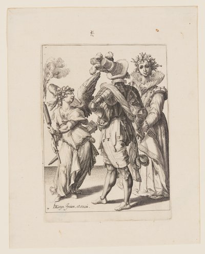 En bind for øynene-amor som holder en fakkel foran et par, fra Maskeradene av Jacques de Gheyn II
