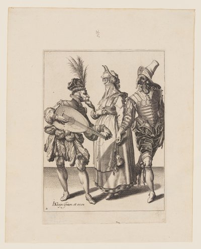 Et par tiltalt av en luttspiller, fra Maskeradene av Jacques de Gheyn II