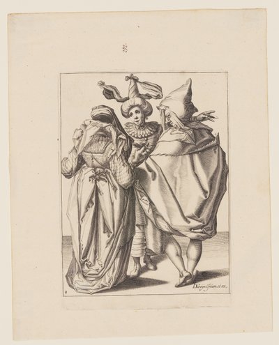 Et par som henvender seg til en gestikulerende ung mann, fra Maskeradene av Jacques de Gheyn II