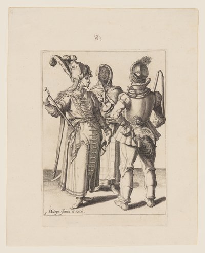 En stormann i østlig kjole, en mann med en penis festet til beltet og en tilslørt kvinne som spiller rumlende gryte, fra Maskeradene av Jacques de Gheyn II