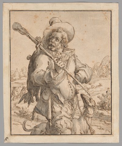 En jeger med en død hare og en hund (studie for quot;Terraquot;) av Jacques de Gheyn II
