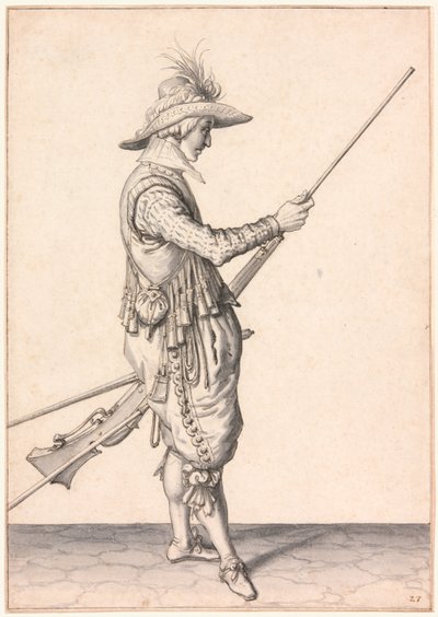 En soldat som lader en muskett, «Ramme in Your Pouder» av Jacques de Gheyn II