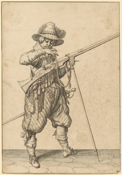 En soldat på vakt som blåser i fyrstikken av Jacques de Gheyn II