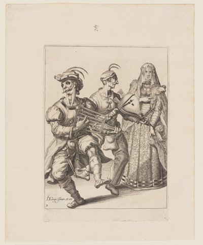 En tilslørt kvinne med to musikere som spiller på et grillbrett og en blåsebelg, fra Maskeradene av Jacques de Gheyn II