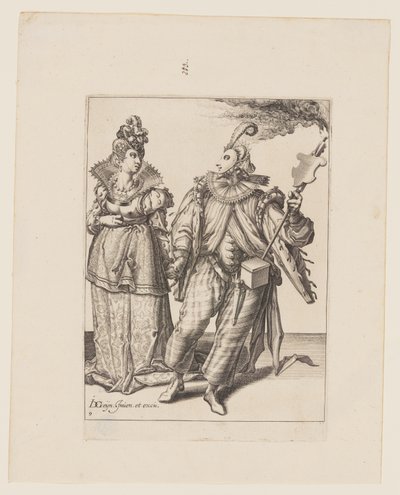 En kvinne ledet av en spiller som holder en fakkel, fra Maskeradene av Jacques de Gheyn II
