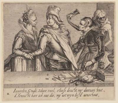 En ung mann mellom en ung kvinne og en gammel kvinne, fra ujevne elskere av Jacques de Gheyn II