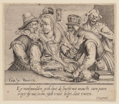 En ung kvinne mellom en ung mann og en gammel mann, fra ujevne elskere av Jacques de Gheyn II