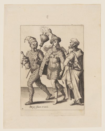 En gammel mumrer henvender seg til et par kledd i blader og fuglefjær, fra Maskeradene av Jacques de Gheyn II