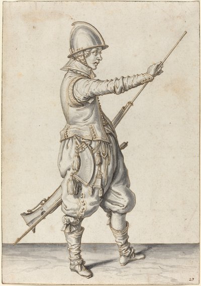 Elegant kledd soldat som tømmer kalveren sin av Jacques de Gheyn II