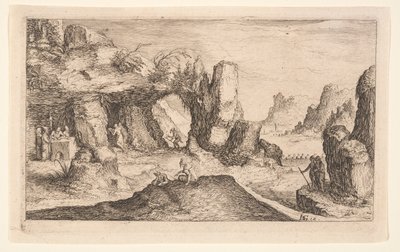 Landskap med en grotte og eremitter, fra Landskap av Jacques de Gheyn II