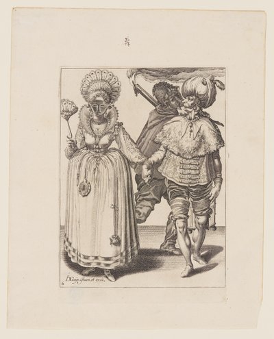Mann med turban som leder en kvinne som har på seg påfuglfjær, bak dem en fakkelbærer, fra Maskeradene av Jacques de Gheyn II