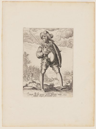 Soldat, bevæpnet med bredsverd og skjold, fra offiserer og soldater i livvakten til keiser Rudolf II av Jacques de Gheyn II