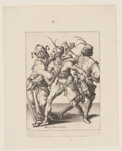 Tre dansende mummere inkludert en narr, fra Maskeradene av Jacques de Gheyn II