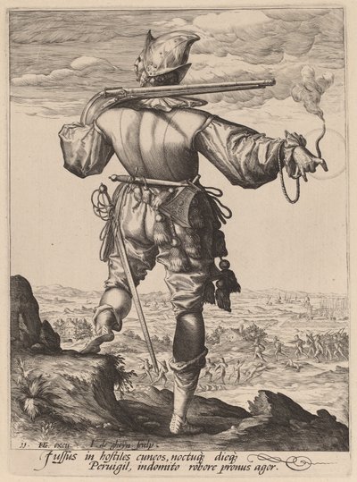 Musketer med hjelm av Jacques de Gheyn II after Hendrik Goltzius