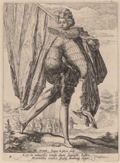 Soldat bevæpnet med bredsverd og skjold av Jacques de Gheyn II after Hendrik Goltzius