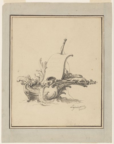 Design for en escutcheon i form av båt med seil, for Recueil Nouveau de Differens Cartouches av Jacques de Lajoüe