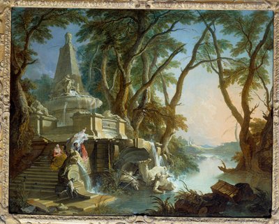 Landskap komponerer eller "" elven"" Pyramideformet fontene med statue av Neptun ødelagt. Maleri av Jacques de Lajoue (1686-1761) 1700-tallets søn. 0,81 x 1,01 m av Jacques de Lajoüe