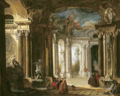 Interiøret i et barokkpalass med elegant selskap som snakker ved fontener av Jacques de Lajoüe