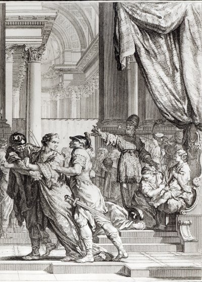 Jehoiada, yppersteprest i Jerusalem som utroper prins Joash som konge av Juda, scene fra 'Athalie' av Jean Racine (1639-99) gravert av Jean-Jacques Flipart (1719-82) av Jacques de Seve