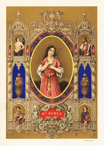 Portrett av Saint Agnes av Roma, jomfru martyr, med glorie og palmeblad innenfor dekorativ kant av Jacquet Jacquet