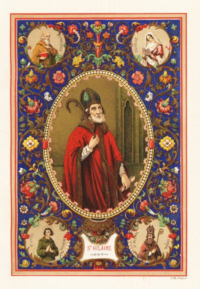 Portrett av Saint Hilary, biskop av Poitiers, med gjæring og krok, innenfor dekorativ kant av løvverk av Jacquet Jacquet