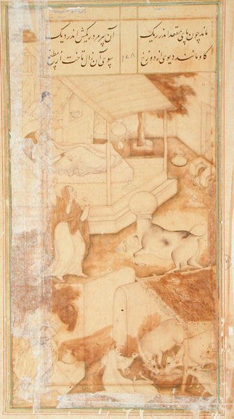 En kvinne med sin syke datter blir forstyrret av en ku med en vannpotte fast på hodet, fra Hadiqat Ul-Haqiqat (Sannhetens hage) av Hakim Sanai, fjerde miniatyr, folio 178, Mughal av Jaganath Jaganath