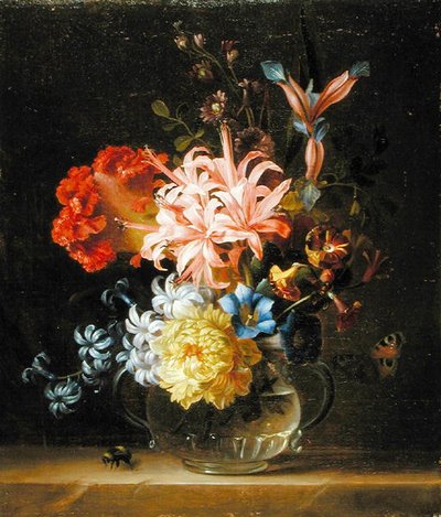 Stilleben av blomster i en glassvase, med en humlebi og en sommerfugl (olje på lerret) av Jakob Bogdani or Bogdany