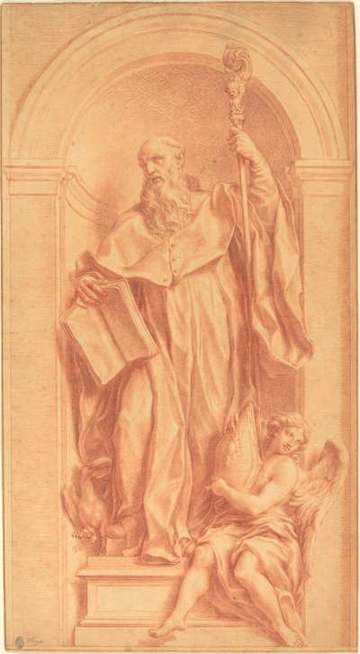 En skulptur av Saint Benedict i en nisje av Jakob Frey