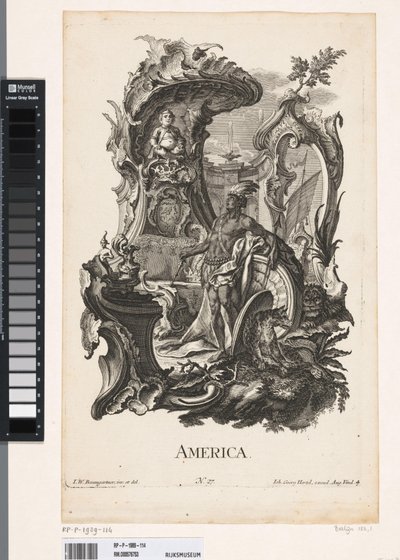 Rocaille med personifiseringen av kontinentet Amerika Amerika (tittel på objekt) De fire kontinentene (serietittel) av Jakob Gottlieb Thelott