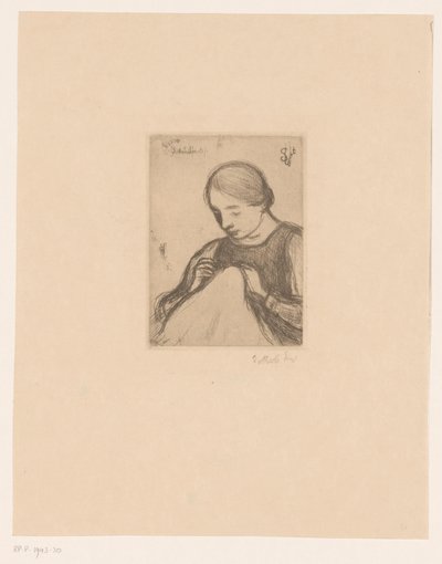 Portrett av Malvina Dedeyn med håndverk Syersken (tittel på objekt) av Jakob Smits