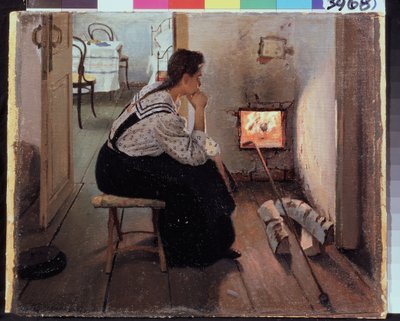 ""Tanker ved komfyren"" (Tanker ved komfyren) En ung kvinne som sitter ettertenksom foran bålet. Maleri av Jakov Kalinichenko (1869-1938) 1897 State Regional I. Pozhalostin Art Museum, Ryasan av Jakoff Jakovlevitch Kalinitchenko