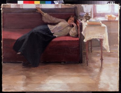 ""Drømmer"" ettertenksom ung jente som ligger på en sofa. Maleri av Jakov Kalinichenko (1869-1938) 1904 State Regional I. Pozhalostin Art Museum, Ryasan av Jakoff Jakovlevitch Kalinitchenko