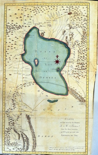 Kart over regionen Lake Tzana eller Lake Dembea (ruter av M. Bruce i hans to forsøk på å nå kildene til Nilen) - i” Reise til Nubia og Abessinia foretatt for å oppdage kildene til Nilen i årene 1768 til 1772 ””, av James Bruce, vo av James Bruce
