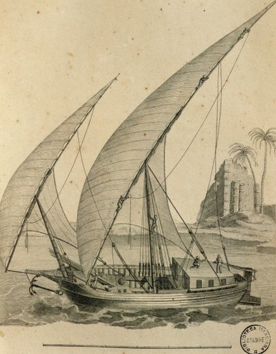 Seilbåt fra Nubia, Egypt, gravering fra Cartes et figures du Voyage en Nubia et en Abyssinia, James Bruce av James Bruce