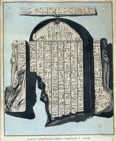 Tabell over hieroglyfer funnet i Axoum (Aksoum) - i "" Reise i Nubia og Abessinia foretatt for å oppdage kildene til Nilen i årene 1768 til 1772", av James Bruce, bind 1, Paris av James Bruce