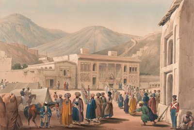 'The Durbar-Khaneh of Shah Shoojah-ool-Moolk, at Cabaul [sic]', ca. 1840 (litografi, tonet) av James (after) Atkinson