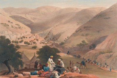 'The Third Descent of the Koojah [sic] Pass', ca. 1839 (litografi, tonet) av James (after) Atkinson