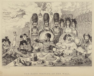Håndskriften på veggen: parodi på Belsasars fest som skildrer Napoleon og hans kone Josephine av James (after) Gillray