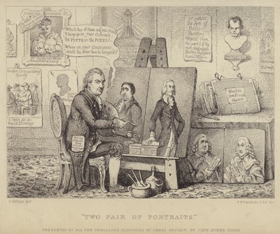 Two Pair of Portraits: anti-Whig tegneserie som viser John Henry Tooke med portretter av Charles James Fox som personifiserer last og William Pitt den yngre som representerer dyd av James (after) Gillray