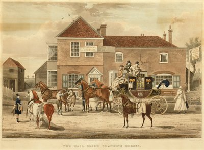 The Post Coach Changing Horses, ca. 1825 (gravering) av James (after) Pollard